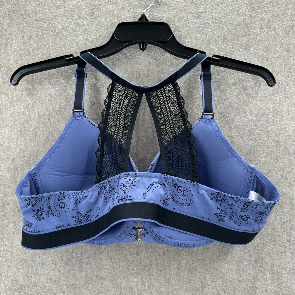 Cacique Boost Plunge Bra 44C Blue Floral Front Close Lace Racerback Underwire - Picture 2 of 5